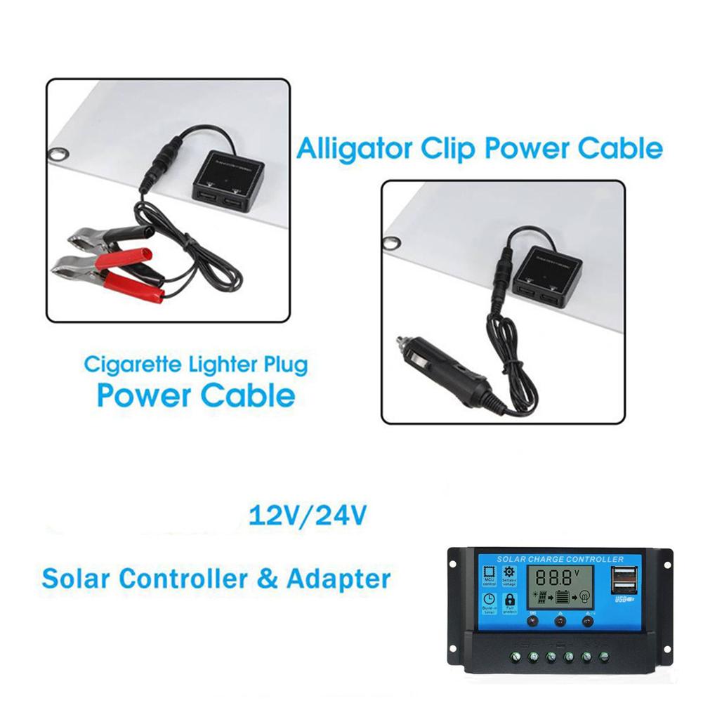 Bộ pin mặt trời đơn tinh thể 18V 25W Bộ sạc điện thoại di động USB kép Cắm trại ngoài trời Chống nước với Bộ điều khiển năng lượng mặt trời 12/24V 100A PWM cho RV Marine