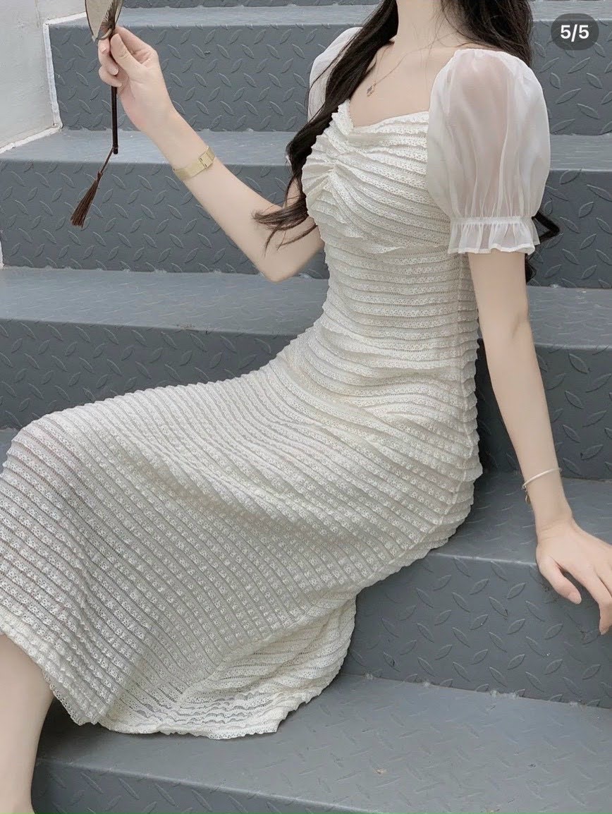 Đầm nhún ngực tay tơ tiểu thư