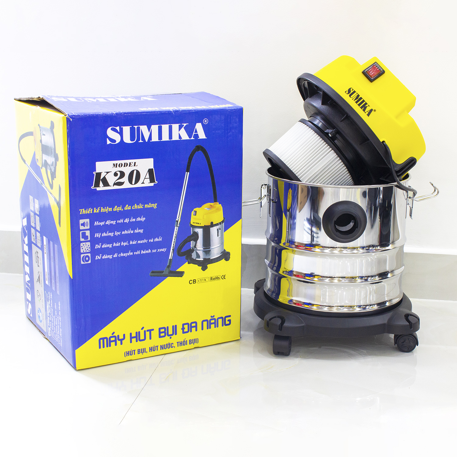 Máy hút bụi gia đình Sumika K20A, Màu Vàng, 20L, 1500W, hút nước, hút bụi, thổi bụi, dây điện dài 10m, thùng chứa Thép không gỉ - Hàng chính hãng