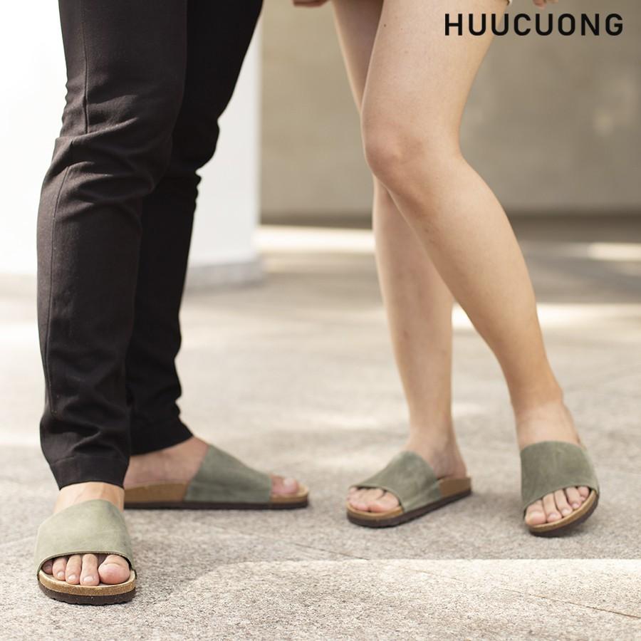 Dép unisex Huucuong 1 quai da bò rêu đế trấu handmade