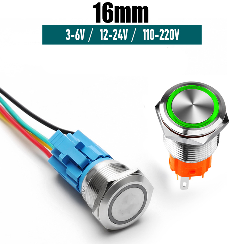 Công tắc nhấn giữ tự khóa 16mm 3-6V, 12-24V, 110-220V Loại có đèn, Chất liệu INOX không thấm nước