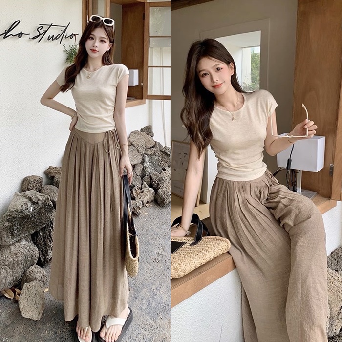 SET QUẦN ỐNG RỘNG GIẢ VÁY MIDI XẾP LY DÂY RÚT LƯNG THUN CAO MAXI + ÁO THUN 3 LỖ PASTEL ĐI TIỆC DẠO PHỐ ĐI CHƠI ĐI BIỂN