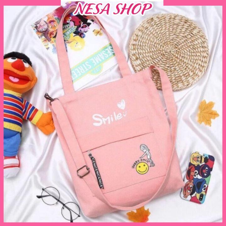 Túi đeo chéo nữ, chất liệu vải canvas, phong cách trẻ trung, túi Tote Canvas in chữ Smile NeSa Shop