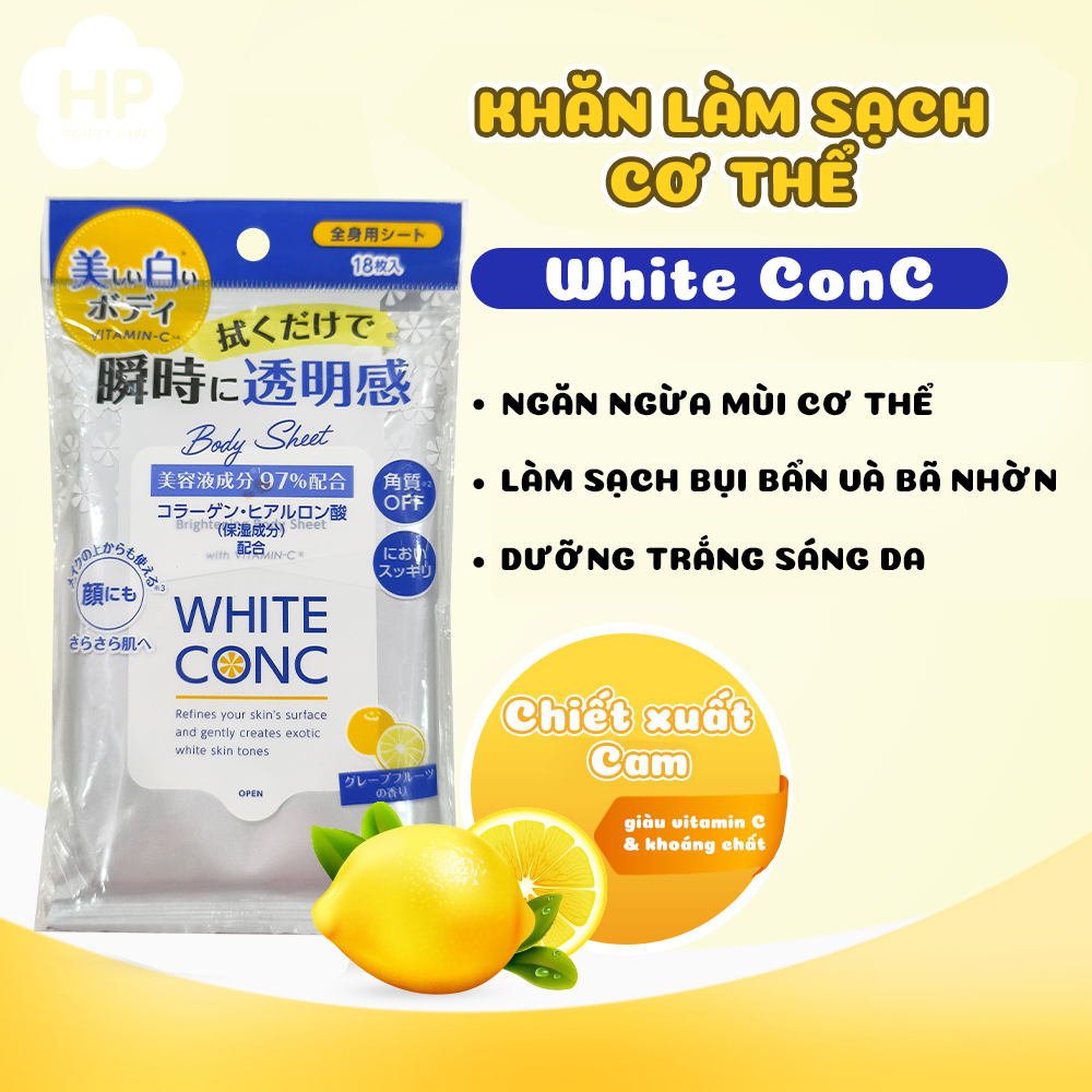 Khăn Ướt Làm Sạch Cơ Thể White Conc Dưỡng Trắng Sáng Da (18 Tờ/Gói)