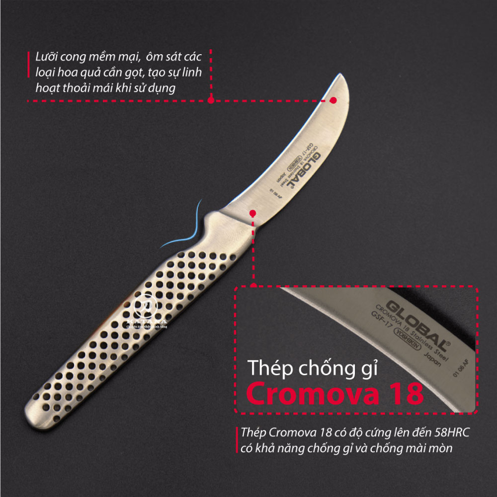 Dao bếp Nhật cao cấp Global GSF17 Peeling Knife, Curved - Dao bóc gọt hoa quả (60mm) - Dao bếp Nhật chính hãng