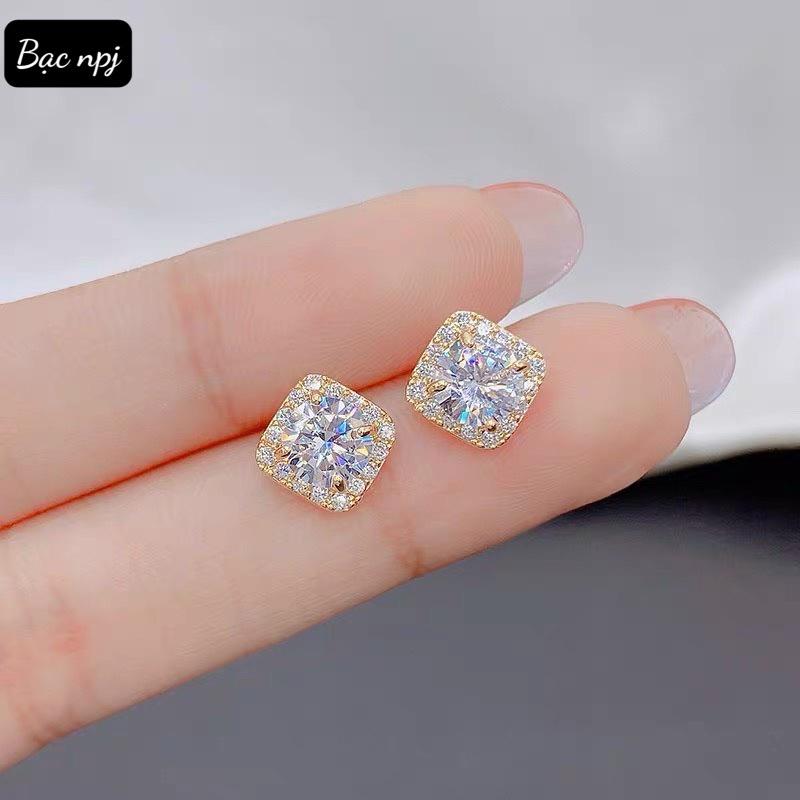 Bông tai đá vuông xinh xắn , hoa tai nữ Bạc Ta - Bạc npj