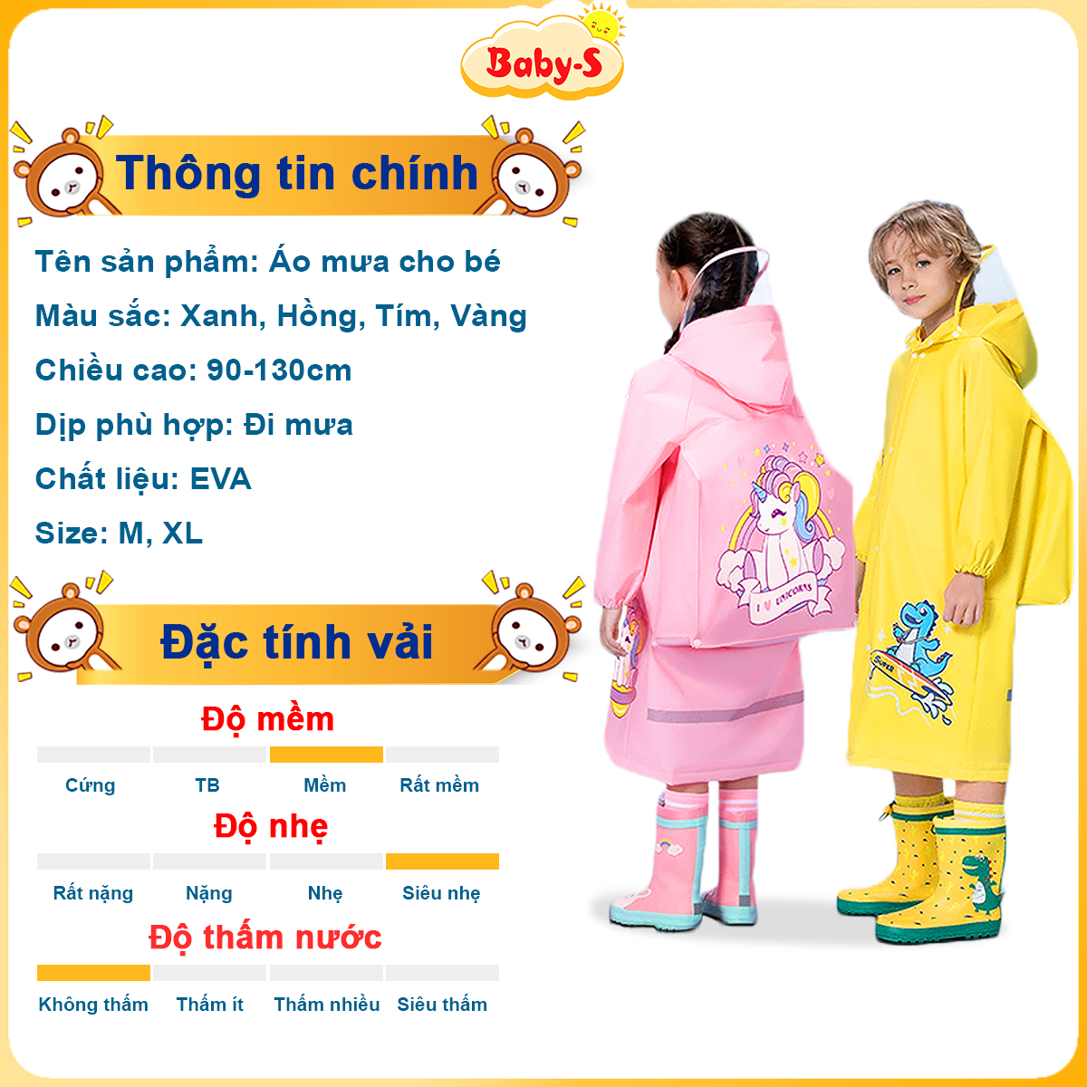 Áo mưa cho bé họa tiết hình thú ngộ nghĩnh Baby-S, Áo mưa trẻ em 2-10 tuổi nhiều màu xinh xắn – SAM015