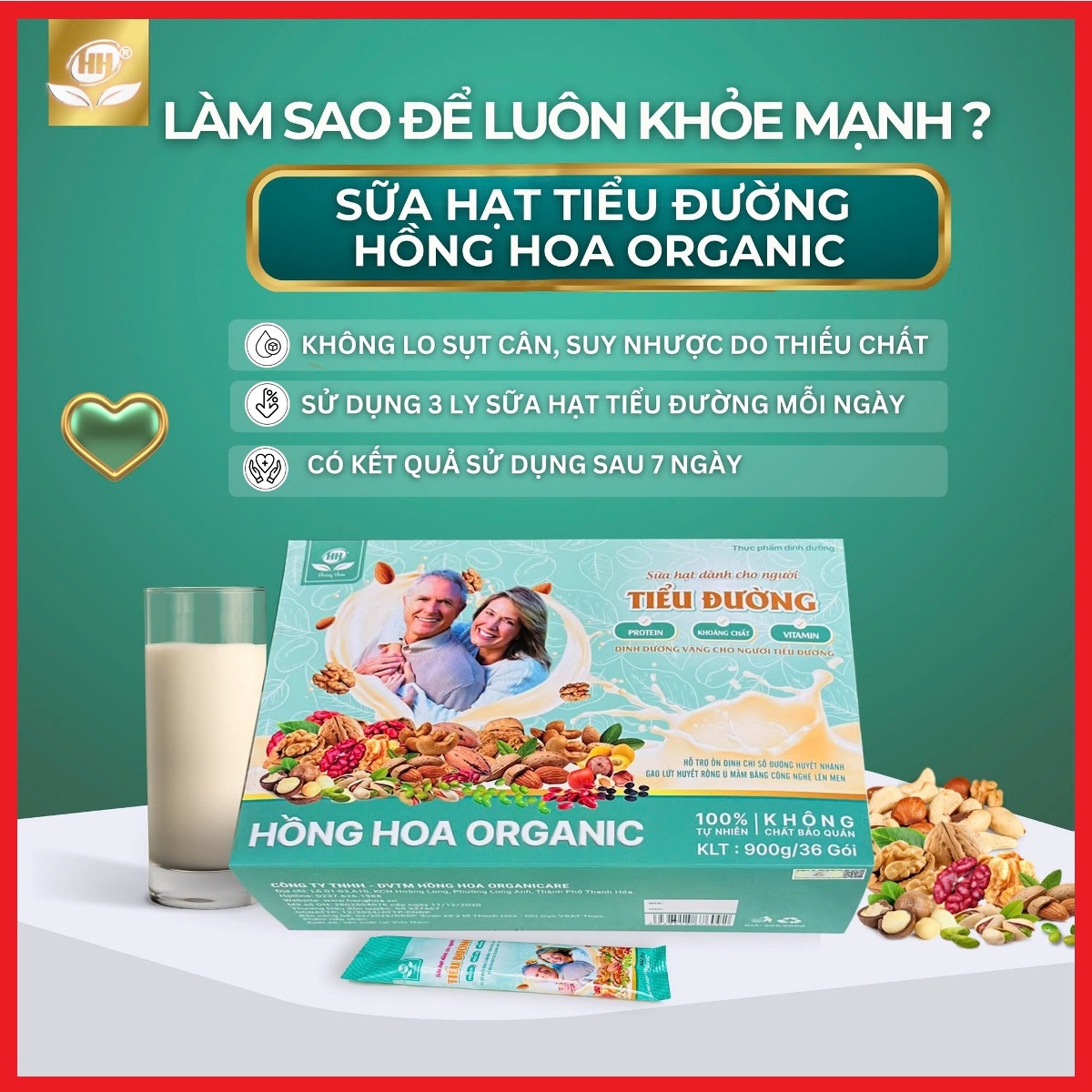 Sữa hạt dành cho người Tiểu Đường Hồng Hoa Organic 36gói/ 900g – Hỗ trợ kiểm soát Đường huyết, Hữu Cơ, Thuần chay, không hương liệu, không chất bảo quản