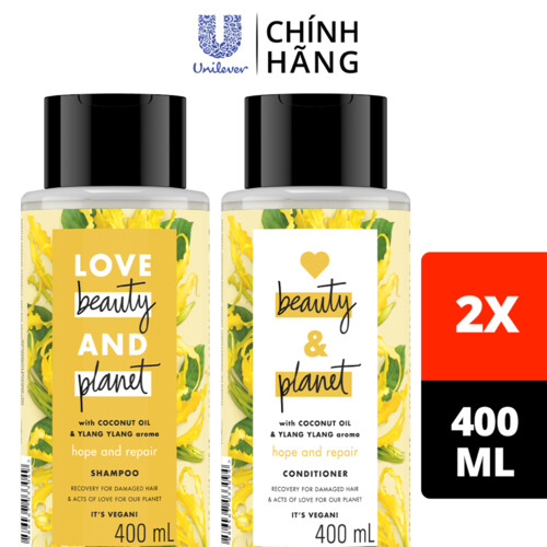 Combo Dầu Gội Dầu Xả Love Beauty &amp; Planet Phục Hồi Chẻ Ngọn Hope &amp; Repair 100% Dầu Dừa Organic Hương Ngọc Lan Tây 400ML