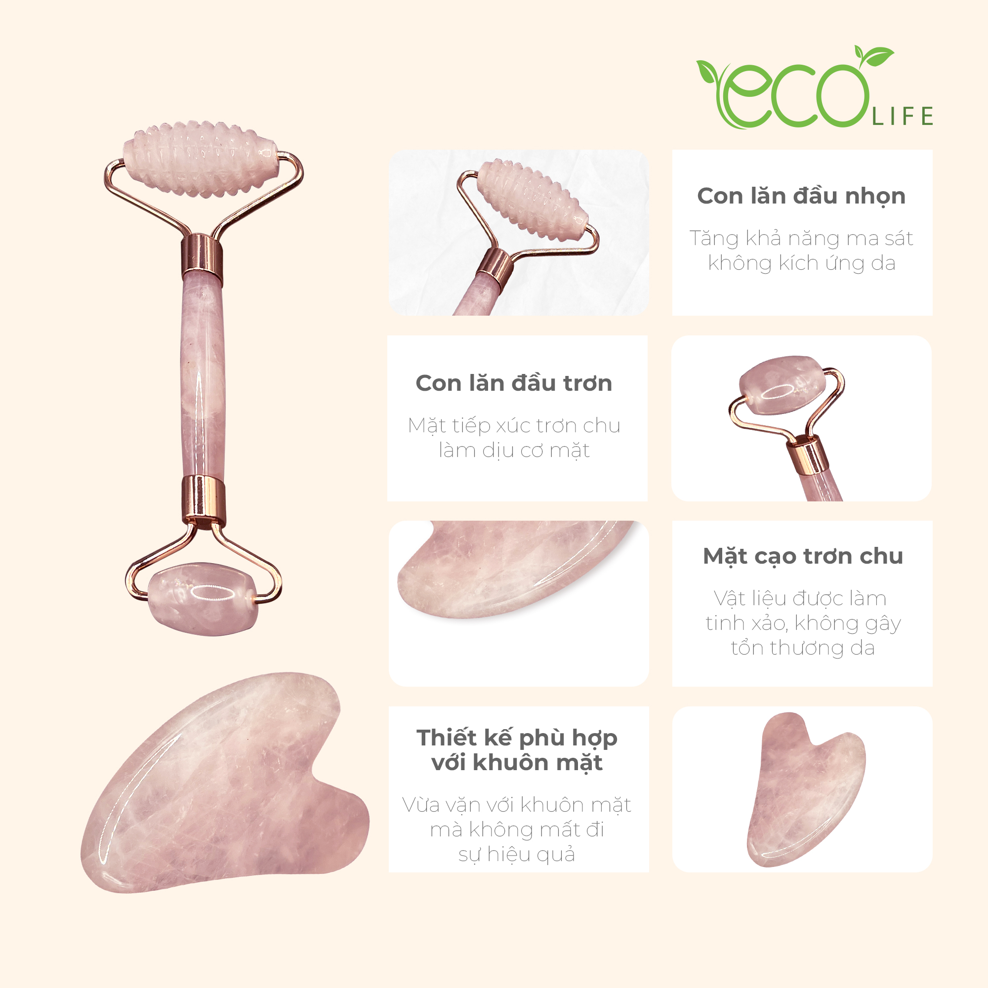 Combo thanh lăn massage và Guasha chất liệu đá thạch anh tím tự nhiên