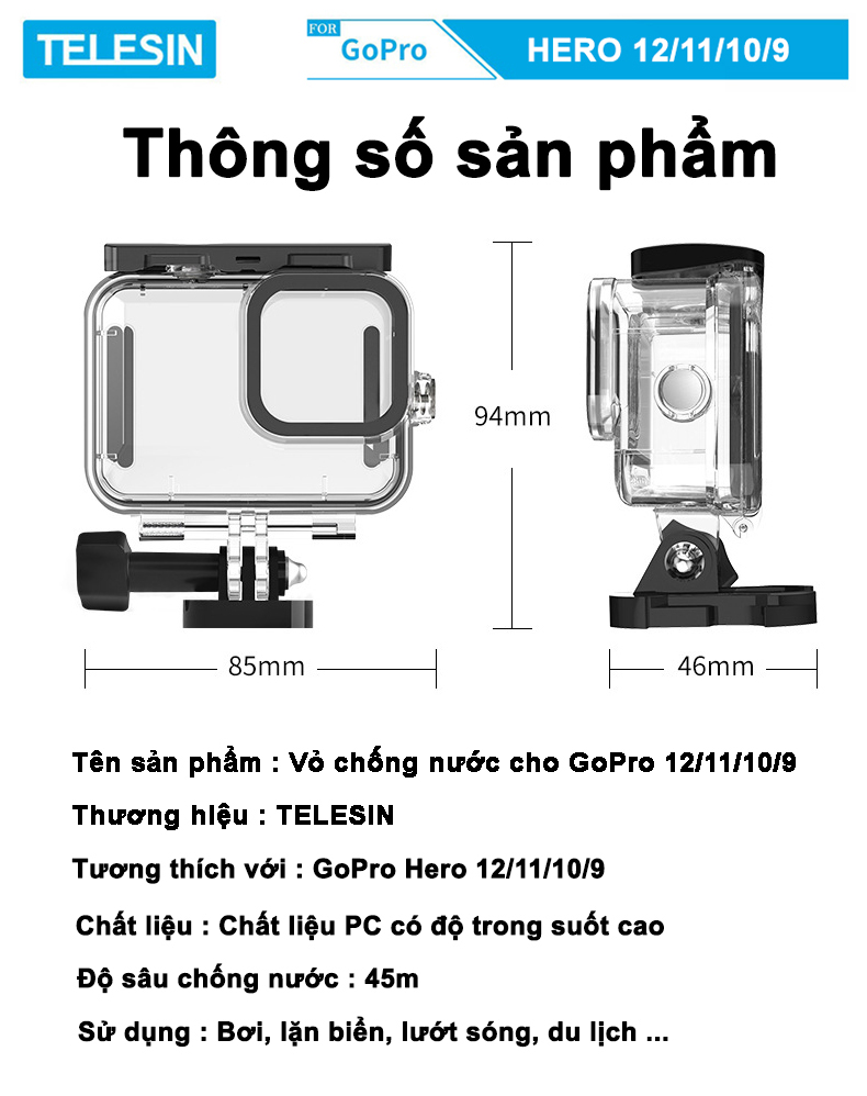 Case chống nước hãng TELESIN dùng cho camera hành động GoPro Hero 9, GoPro Hero 10, GoPro Hero 11, GoPro Hero 12