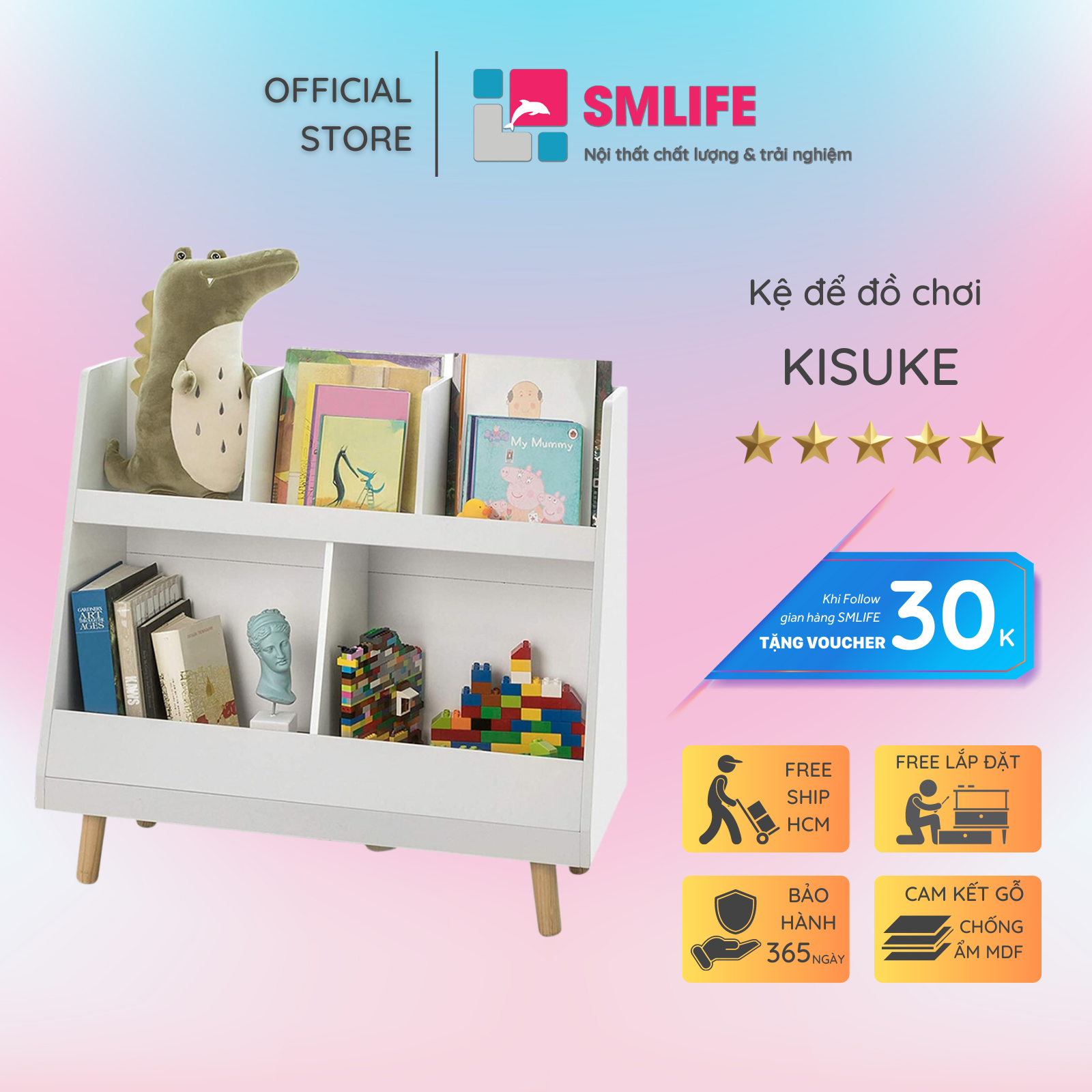 Kệ để đồ chơi cho bé SMLIFE Kisuke | Gỗ MDF dày 17mm chống ẩm | D86xR36xC90cm