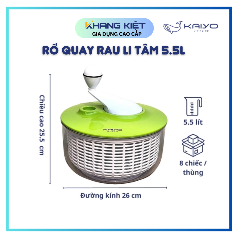 Rổ quay rau li tâm Kaiyo, dung tích 5.5 lít được làm từ nhựa cao cấp, tô bên ngoài bằng thuỷ tinh trong suốt, chịu nhiệt cao, lực xoay nhẹ, tốc độ xoay mạnh giúp quay li tâm làm kiệt nước thực phẩm và làm sạch hoa quả nhỏ, khó rửa như táo, nho