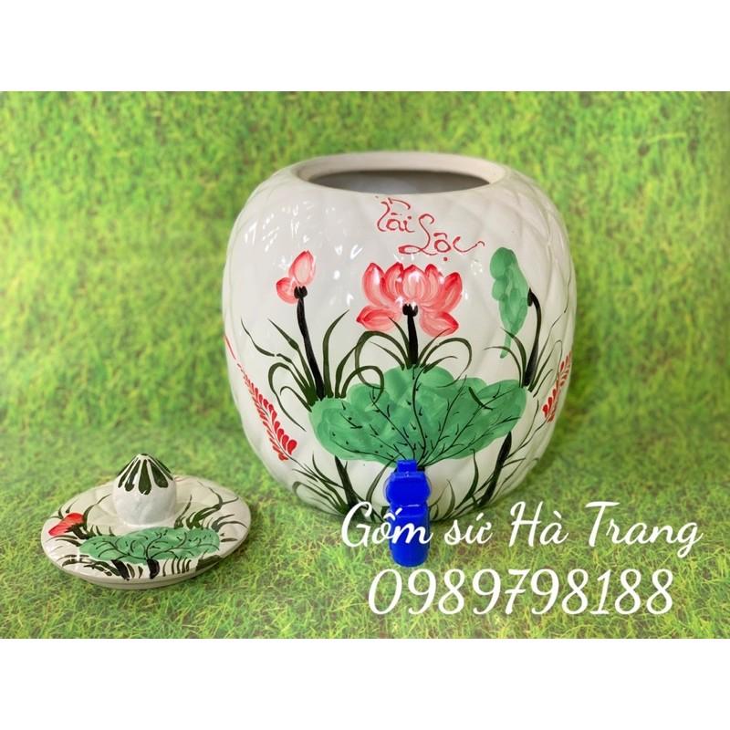 Bình nước gốm sứ Bát Tràng cao cấp men trắng vẽ sen đỏ phú quý tài lộc