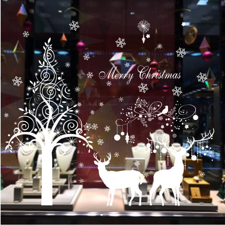 Decal trang trí noel thông trắng và Đôi Nai Trắng size lớn