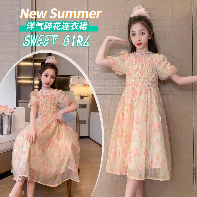 DONGSHOP HOT Cô gái váy mùa hè phong cách phương Tây 2023 Big Boy váy mùa hè chiffon đầm mùa hè cô gái mảnh hoa công chúa váy