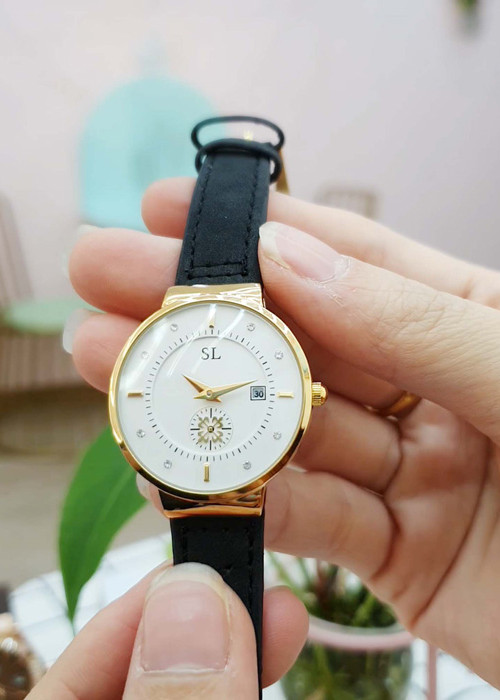Đồng Hồ Nữ SL Dây Da Viền Mạ Vàng Kim Rốn Độc Đáo Chống Nước Chính Hãng