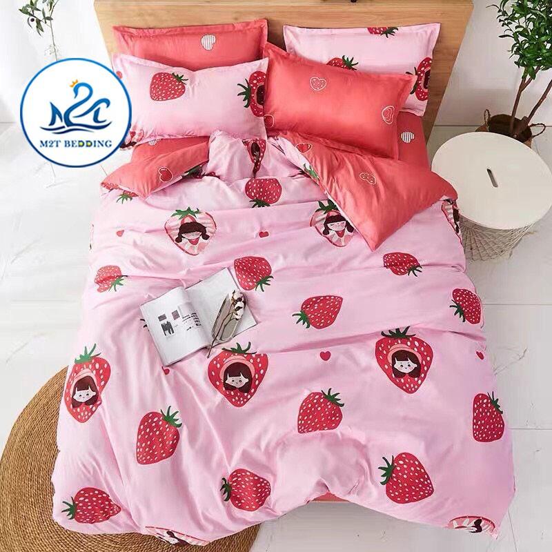 Bộ chăn ga gối Cotton poly M2T bedding cô bé dâu tây, vỏ chăn mền, drap nệm và 2 vỏ gối