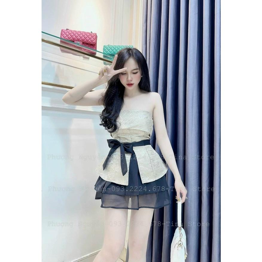 SET 2 MÓN ÁO CÚP NGỰC CÓ BE XẺ TÀ DÁNG DÀI MIX CHÂN VÁY NGẮN XÒE CỰC SANG CHẢNH