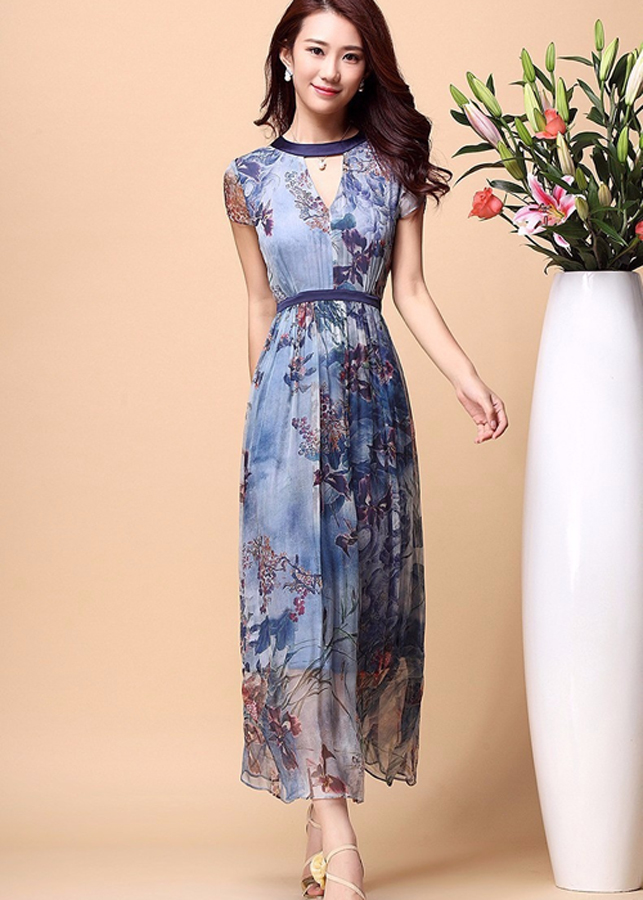 Đầm Nữ Maxi Cổ Khoét Họa Tiết