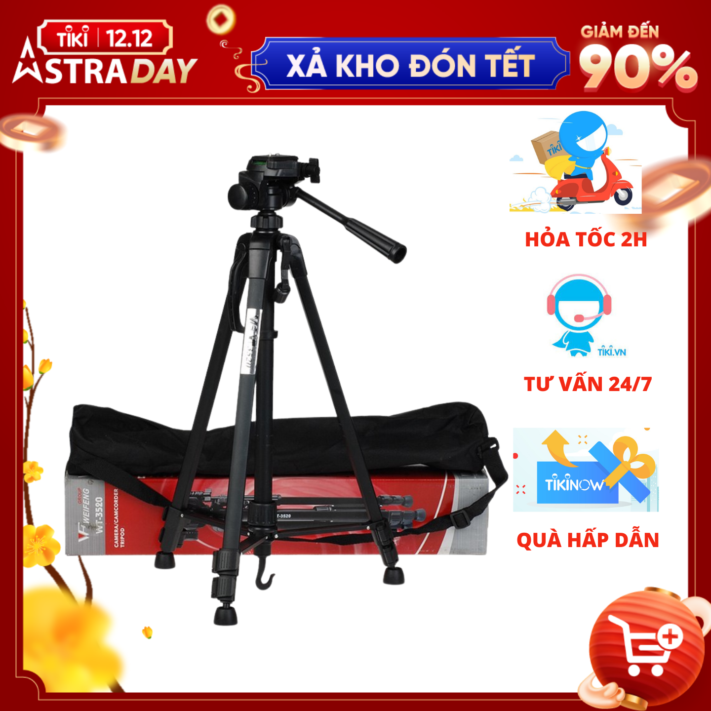 Tripod, chân đế điện thoại, máy ảnh WEIFENG WT-3520, tặng kèm remote, túi đựng và đầu kẹp điện thoại - Hàng Nhập Khẩu