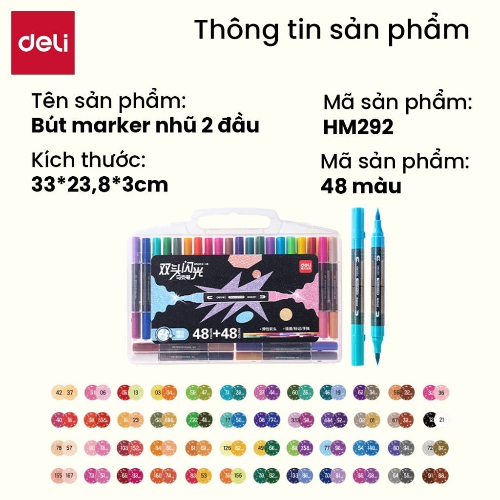 [SALE 39K] Bút Marker Nhũ Kim Tuyến 2 Đầu 12/24/36/48 Màu Cao Cấp Deli Nhũ Sáng Màu Vẽ Anime, Bullet Journey