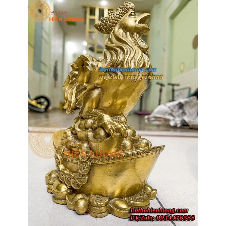 Tượng Gà Trống Đứng Bệ Thỏi Vàng Bằng Đồng Vàng Nguyên Chất Cao 23cm, Nặng 2kg Phong Thủy