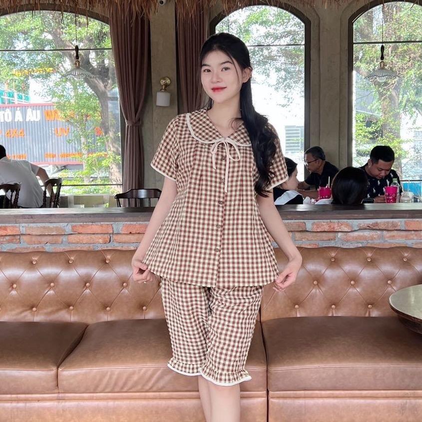 Bộ Đồ Bầu Lửng Karo Mẫu Mới Mùa Hè 2025 Mặc Nhà Chất Cotton Hàn Nhẹ Mát Có Chun Điều Chỉnh - Hồng