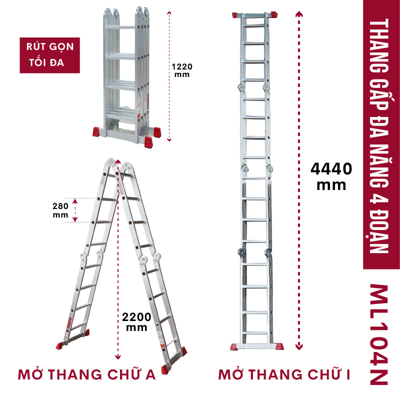 Thang nhôm gấp 4 đoạn chữ A Nhật Bản 4.4M Fujihome chống trượt đa năng, thang chữ M xếp gọn 4 khúc 4m4 mét có khóa an toàn gia đình aluminum ladder - Hàng Nhập Khẩu
