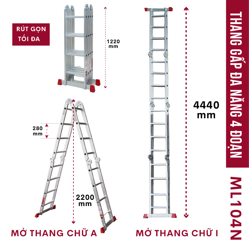 Thang nhôm gấp 4 đoạn đa năng FUJIHOME ML104N, cao chữ A  2.2m - chữ I 4,4 mét ,14 tư thế sử dụng , chốt khóa tự động, chân chống trơn trượt- Hàng chính hãng