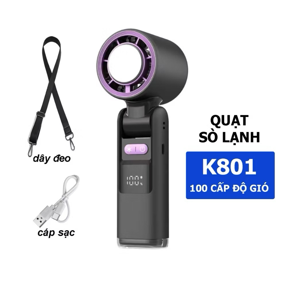 Quạt sạc mini Cầm Tay K801, sạc nhanh, màn hình LED - Quạt sò lạnh - Hàng chính hãng