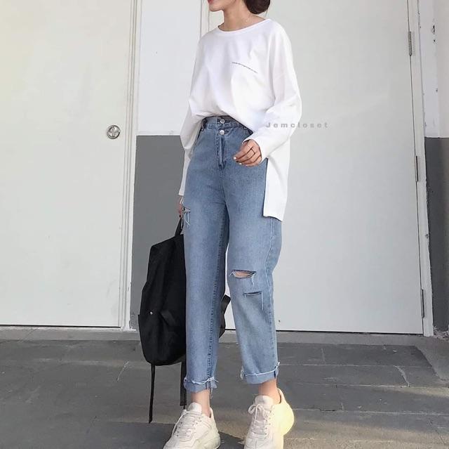 QUẦN BAGGY XANH NHẠT RÁCH CẮT CÁ TÍNH- ảnh thật trải sàn