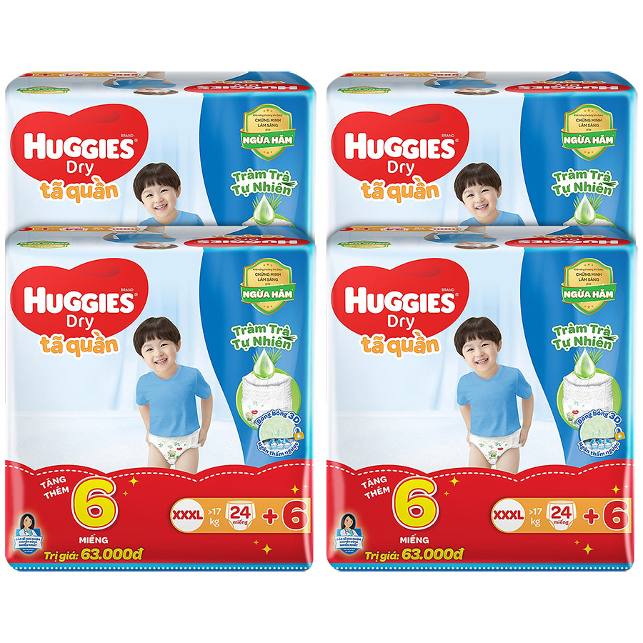 Combo 4 gói Tã quần Huggies Dry Tràm Trà Tự Nhiên XXXL24 (Trên 17Kg) - Tặng 6 miếng