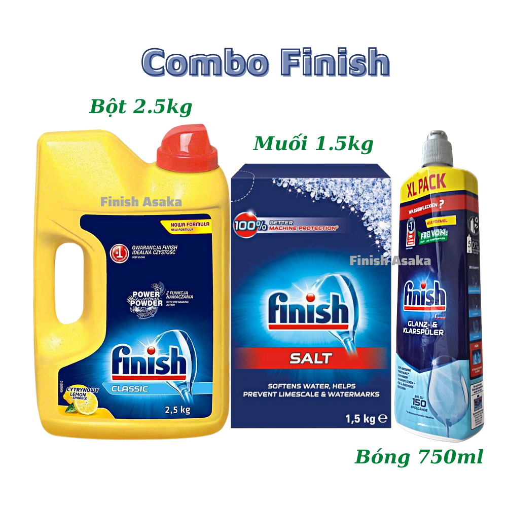 Combo rửa bát Finish: Bột Classic 2,5kg, Muối hộp 1,5kg, Nước làm bóng chai 750ml - Chính hãng.