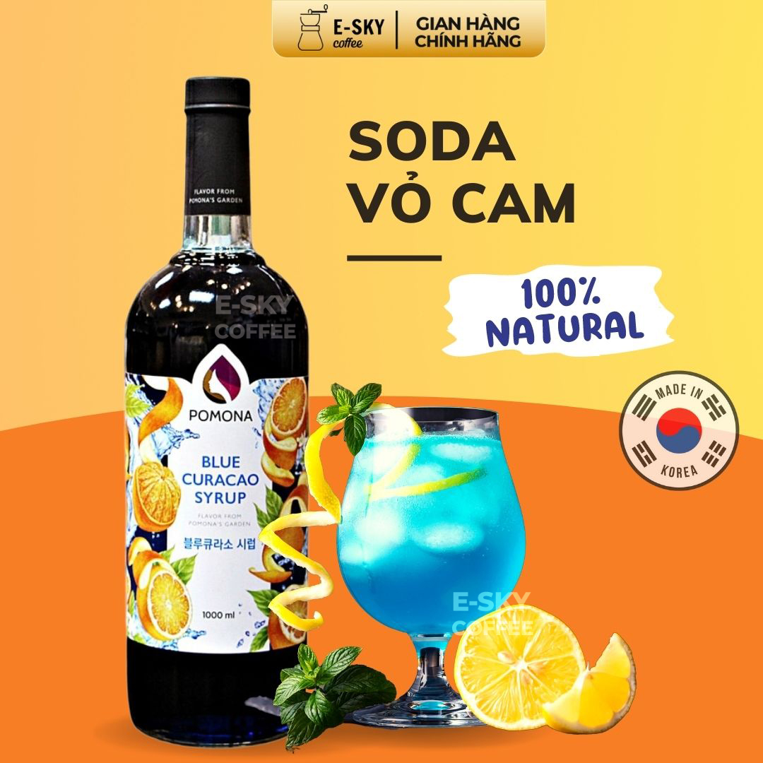 Siro Vỏ Cam Xanh Pomona Blue Curacao Syrup Nguyên Liệu Pha Chế Hàn Quốc Chai Thủy Tinh 1 Lít