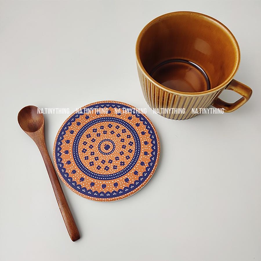 Miếng lót ly, đế lót cốc làm bằng đá thấm hút nước hoạ tiết Boho Vintage phong cách Hàn Quốc NA0061
