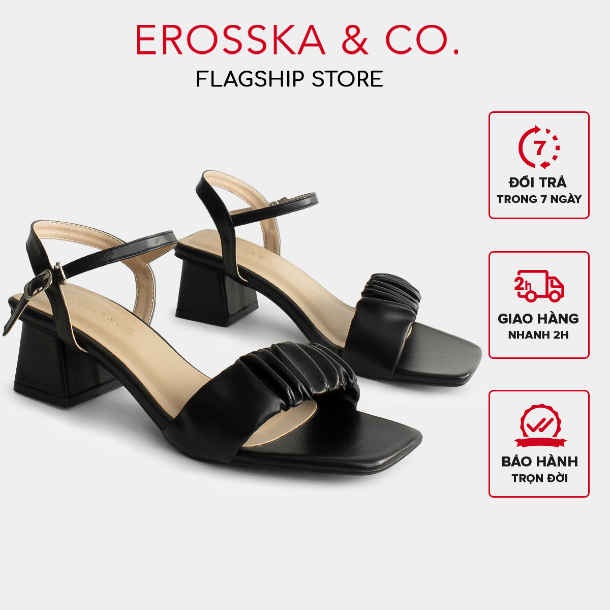 Erosska - Giày sandal cao gót nữ mũi vuông quai nhún cao 4cm - EB051