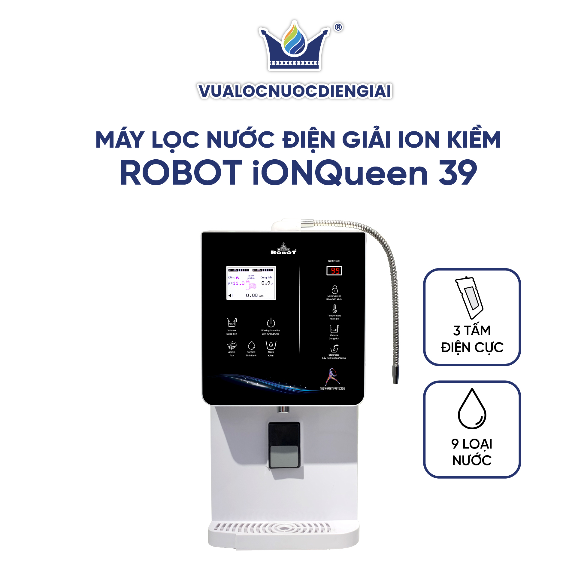 Máy Lọc Nước Điện Giải Ion Kiềm Robot ionQueen Nóng Thông Minh Lạnh - Hàng Chính Hãng