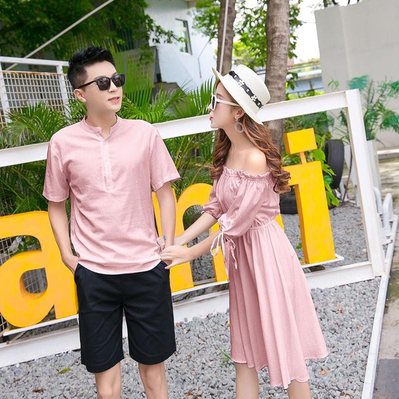 Áo đôi Áo cặp FREESHIP áo đôi váy sơ mi đôi chụp cưới, du lịch màu trắng và hồng - AV03