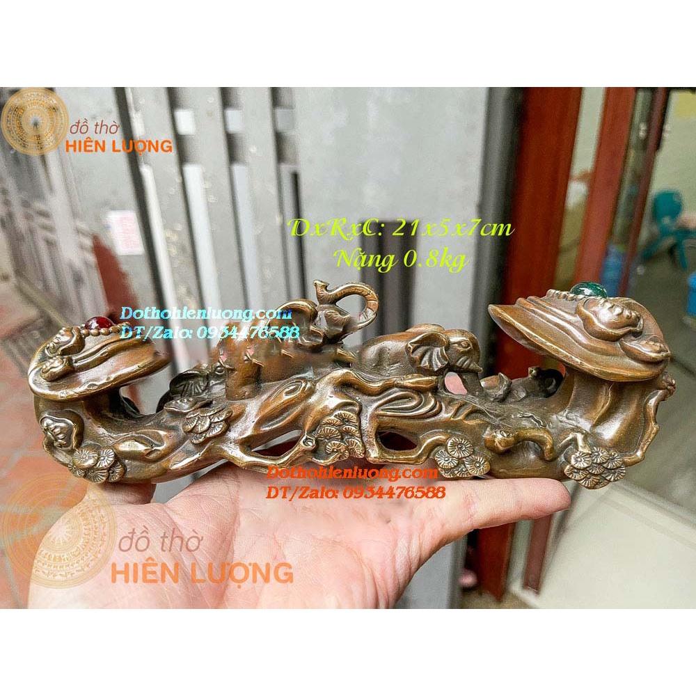 Gậy Như Ý Voi Ngọc Xanh Đỏ Bằng Đồng Hun Màu Nâu Giả Cổ Kích Thước 21x5x7cm, Nặng 0,7kg