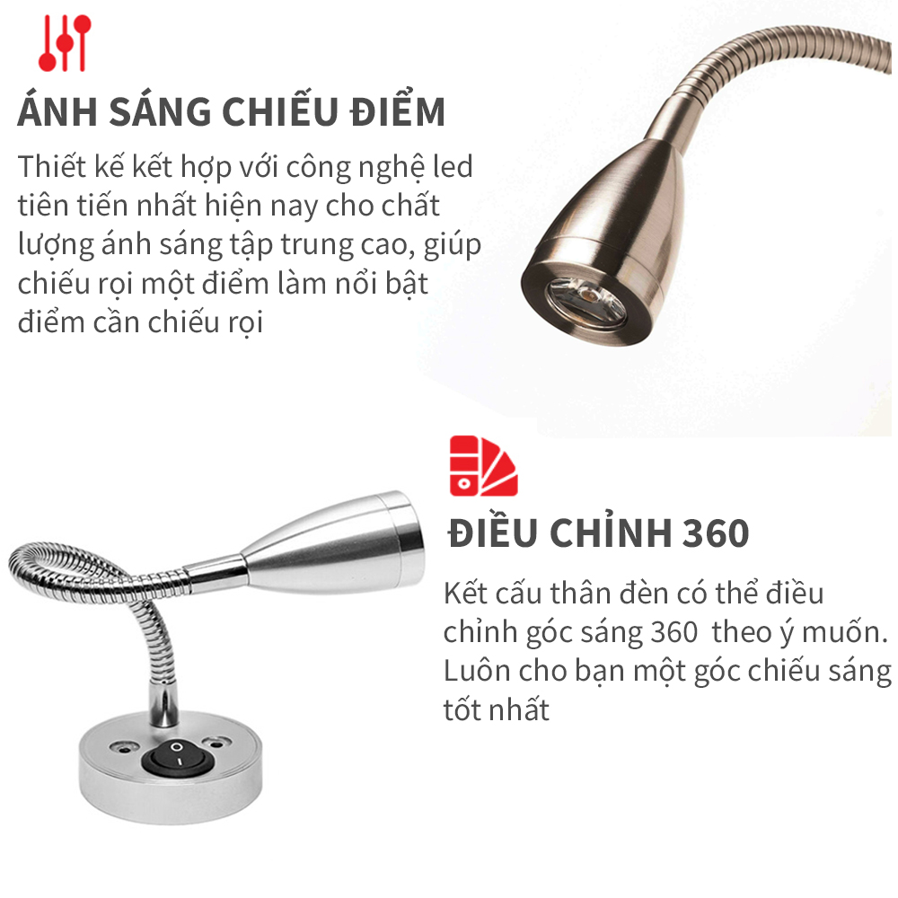 Đèn rọi đọc sách gắn tường đầu giường Led 3W Phong cách tối giản, Thân đèn Kim loại Xoay 360°