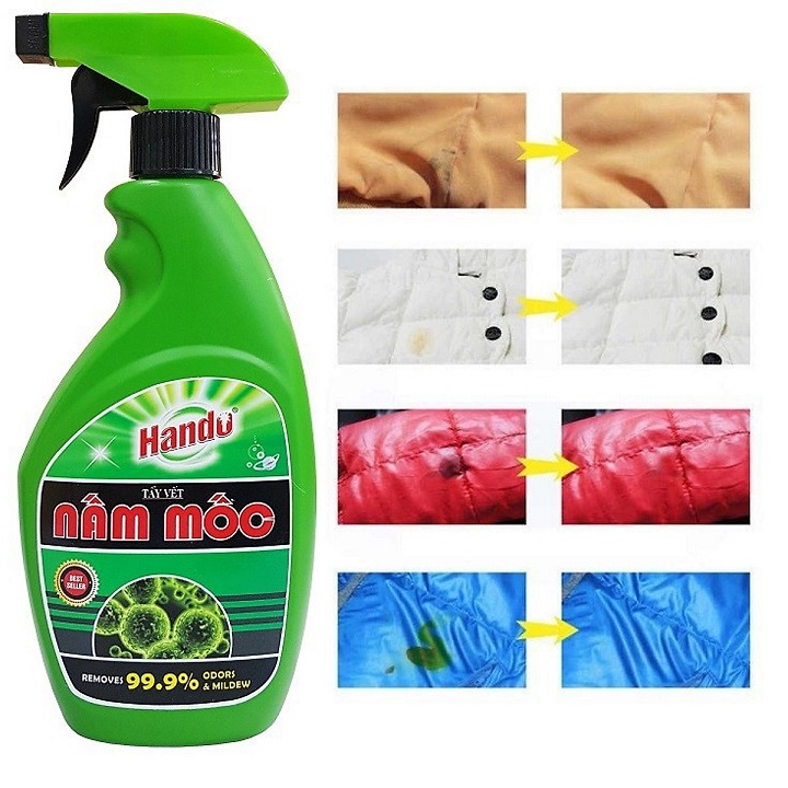 Xịt tẩy vết nấm mốc Hando 500ml - Tẩy mốc quần áo, chăn ga gối, sàn nhà, tường, đồ gia dụng + Tặng 1 đôi găng tay cao su siêu dai con hươu (Họa tiết ngẫu nhiên)