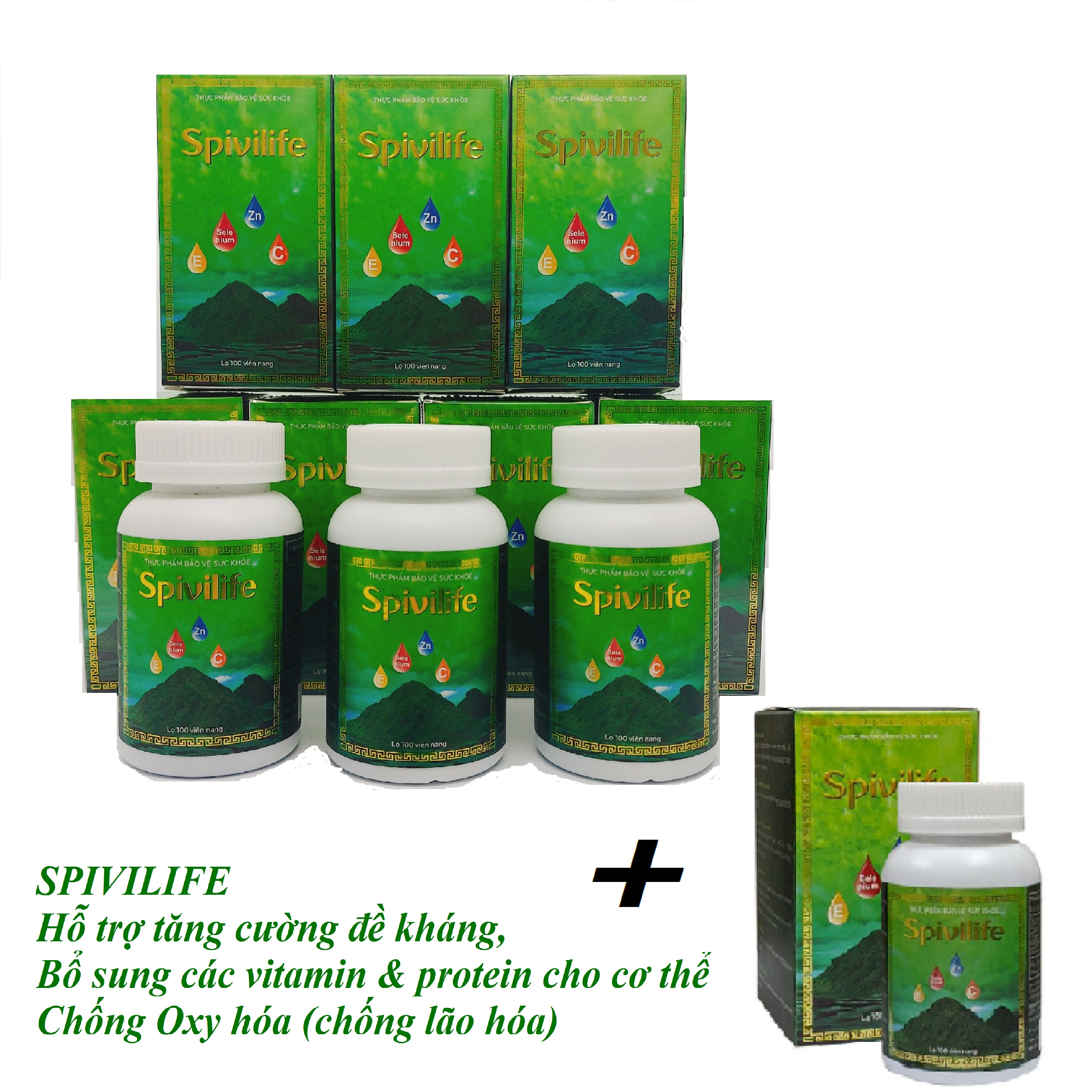 Viên uống tăng cường đề kháng, tăng cường sức khỏe - SPIVILIFE - Combo 3 hộp 100 viên + 1 hộp SPIVILIFE 100 viên, bổ sung các vitamin & protein cho cơ thể, chống oxi hóa .