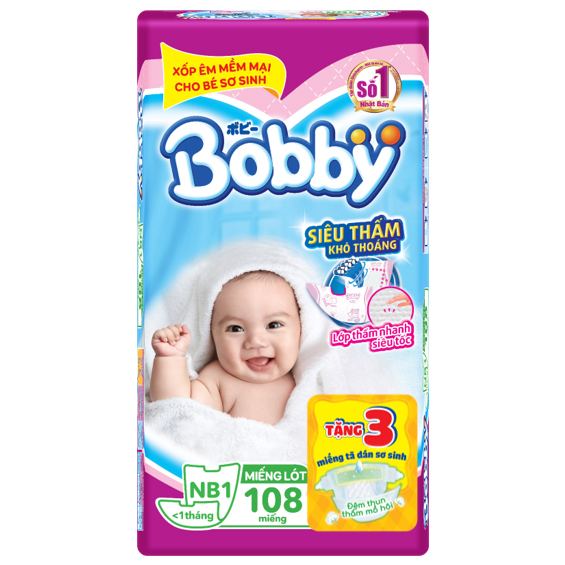 Miếng Lót Sơ Sinh Bobby Fresh Newborn 1 - 108 (108 Miếng) + 3 Miếng Tã Dán Sơ Sinh