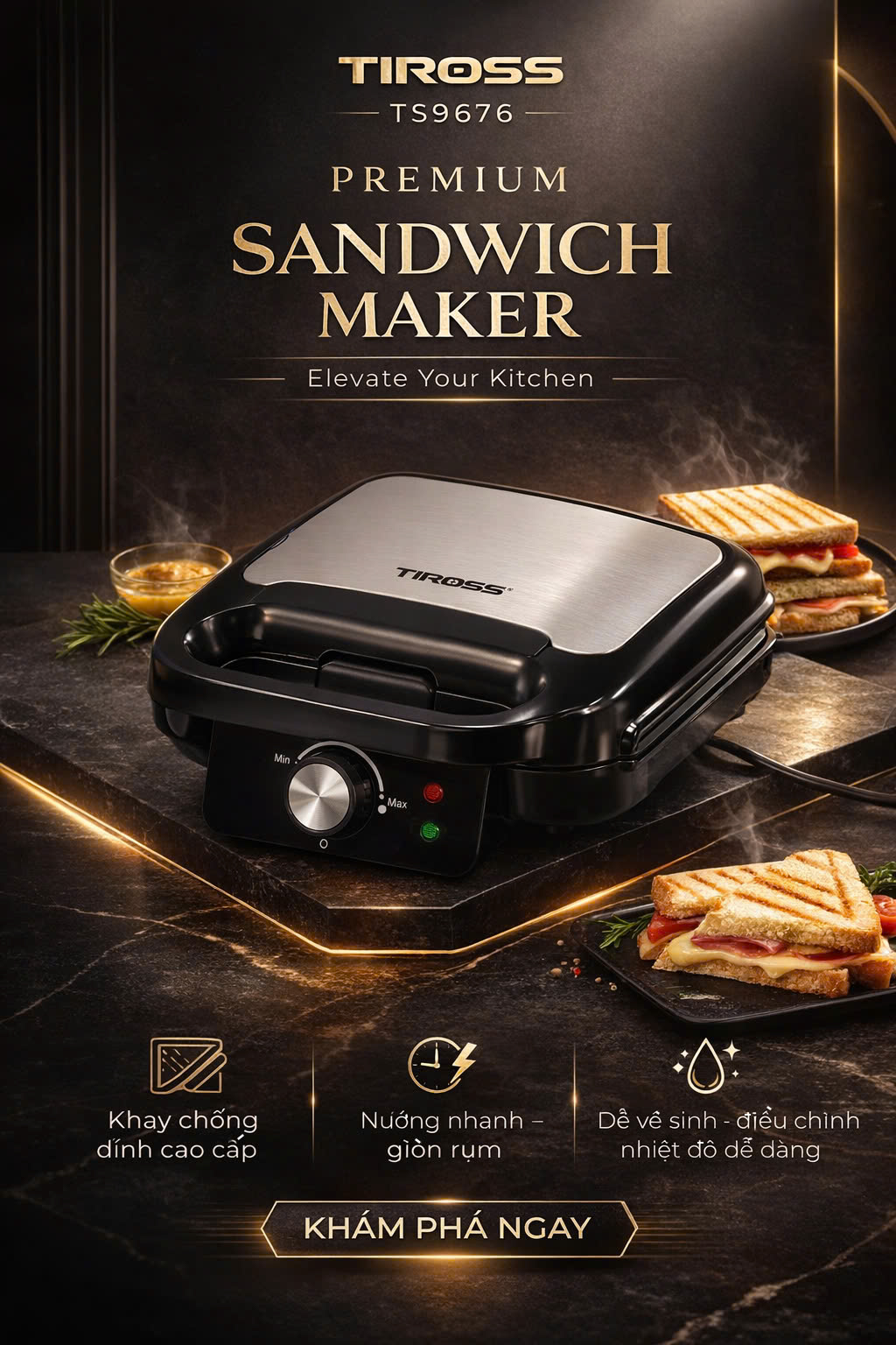 Kẹp nướng bánh sandwich TIROSS TS9676 - Hàng chính hãng