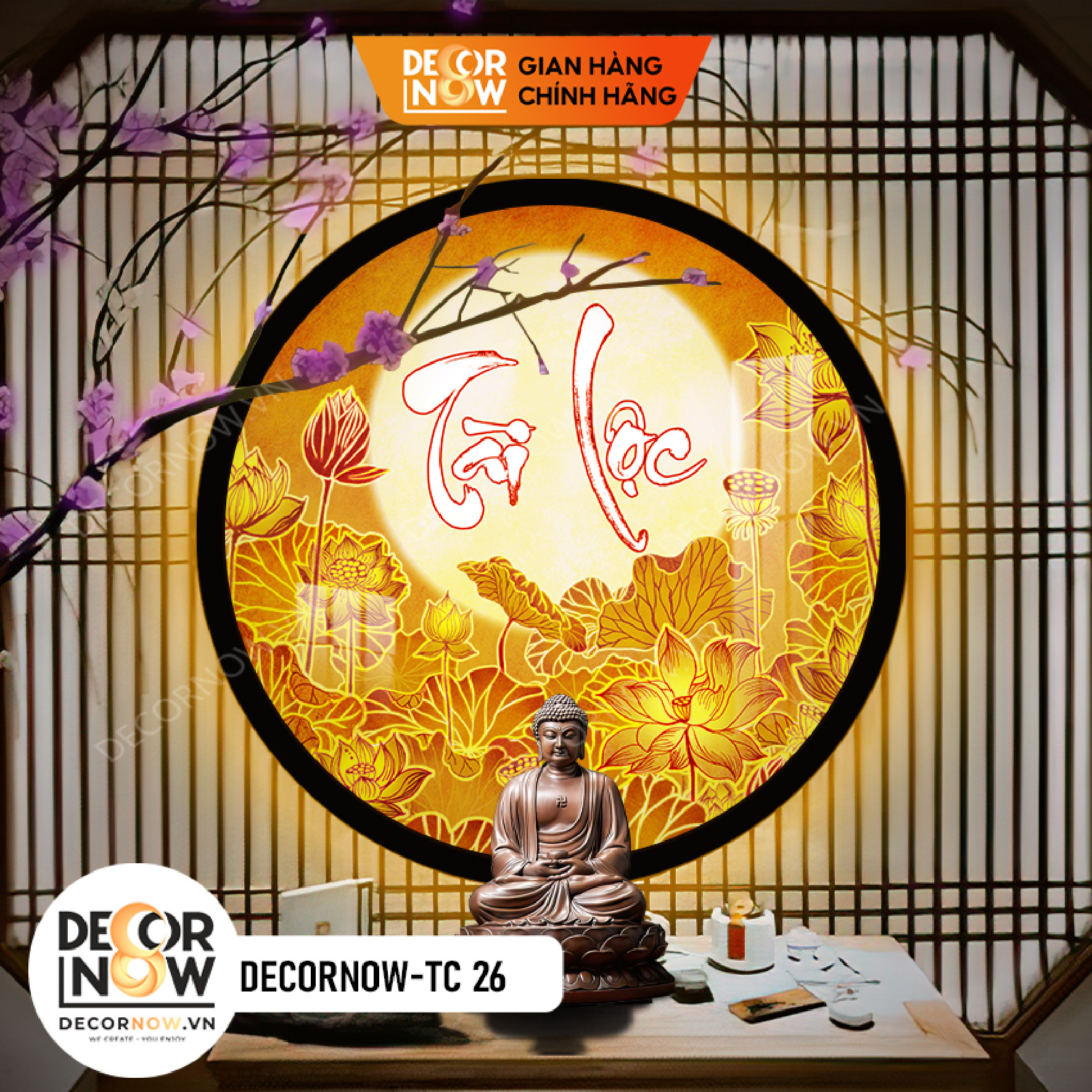 Đèn Hào Quang Phật In Tranh Trúc Chỉ DECORNOW 30,40 cm, Trang Trí Ban Thờ, Hào Quang Trúc Chỉ CHỮ TÀI LỘC DCN-TC26