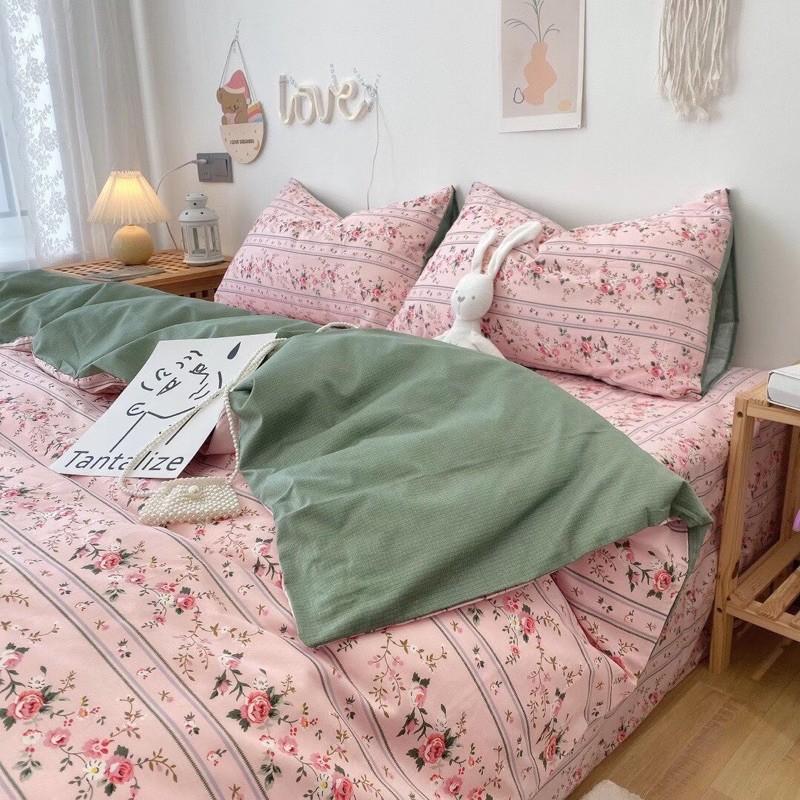 Bộ Chăn Ga Gối Cotton Living 100%cotton Hàng Nhập khẩu Cao Cấp 4 Món Hoa Hồng Vintage