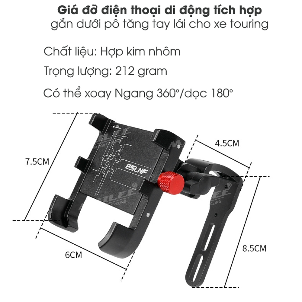 Giá đỡ điện thoại di động hợp kim nhôm cho xe đạp ELZ-01, gắn trên xe đạp touring, điều chỉnh dọc 180 độ, xoay ngang 360 độ, có thể gắn camera - Mai Lee