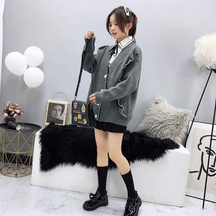 Hình ảnh Áo khoác len cardigan nữ len xám phối bèo siêu cute - DL51200 - Hàng Quảng Châu cao cấp