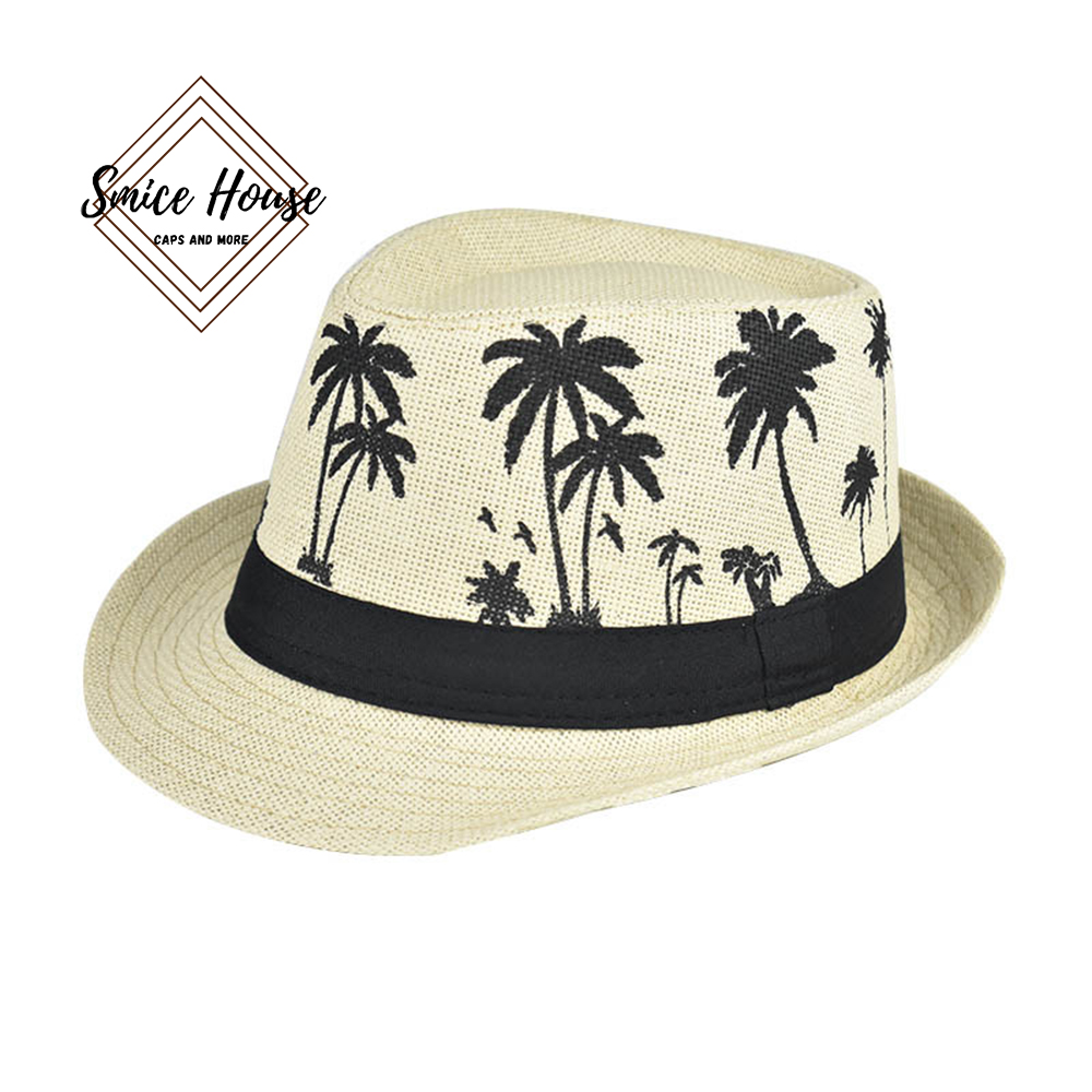 Nón cao bồi cói vành nhỏ đi biển phong cách cổ điển mũ phớt nam nữ cao cấp in hình cây dừa - Smice House